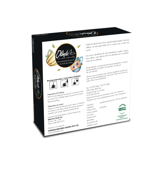 Olinda black tea decaffeinated with brewing instruction and with ingredients