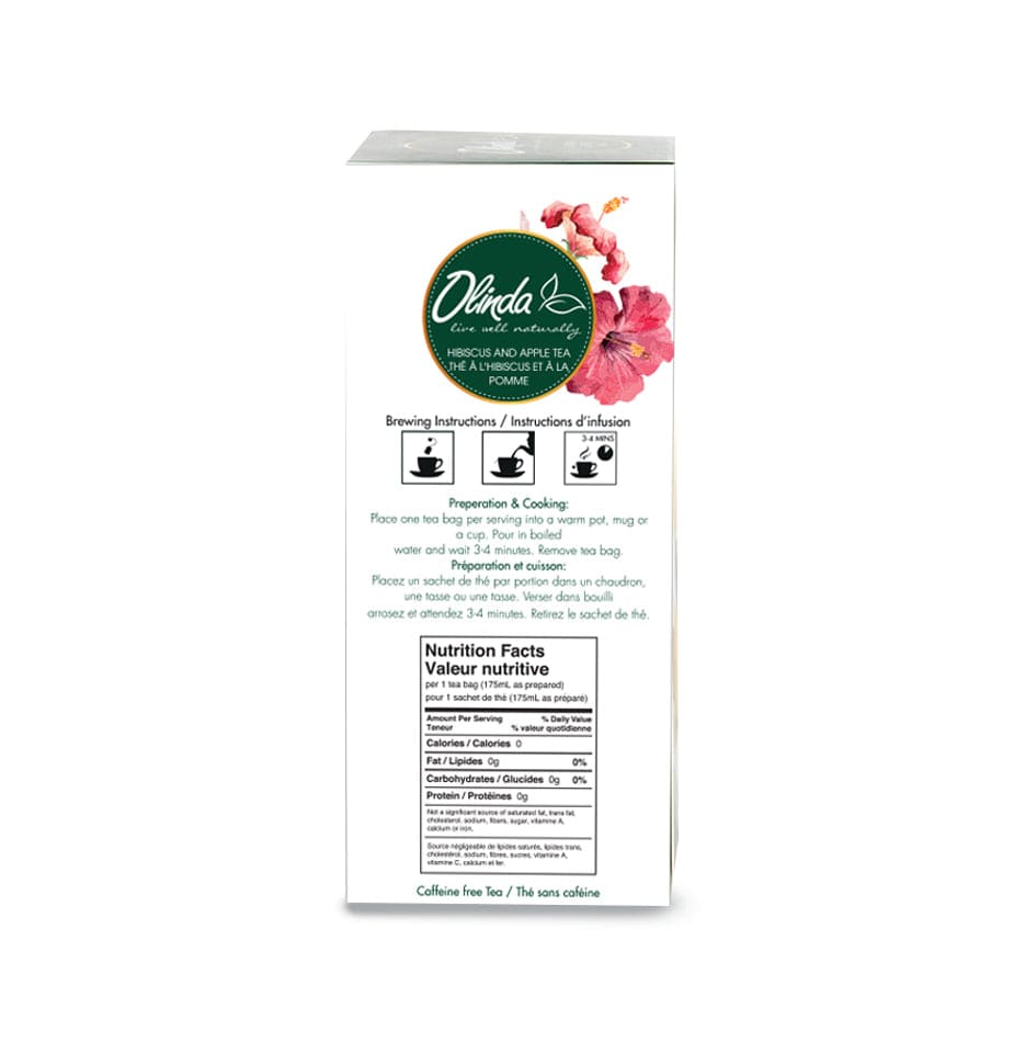 Olinda Hibiscus Apple Tea with Brewing instruction and Nutrition fact label