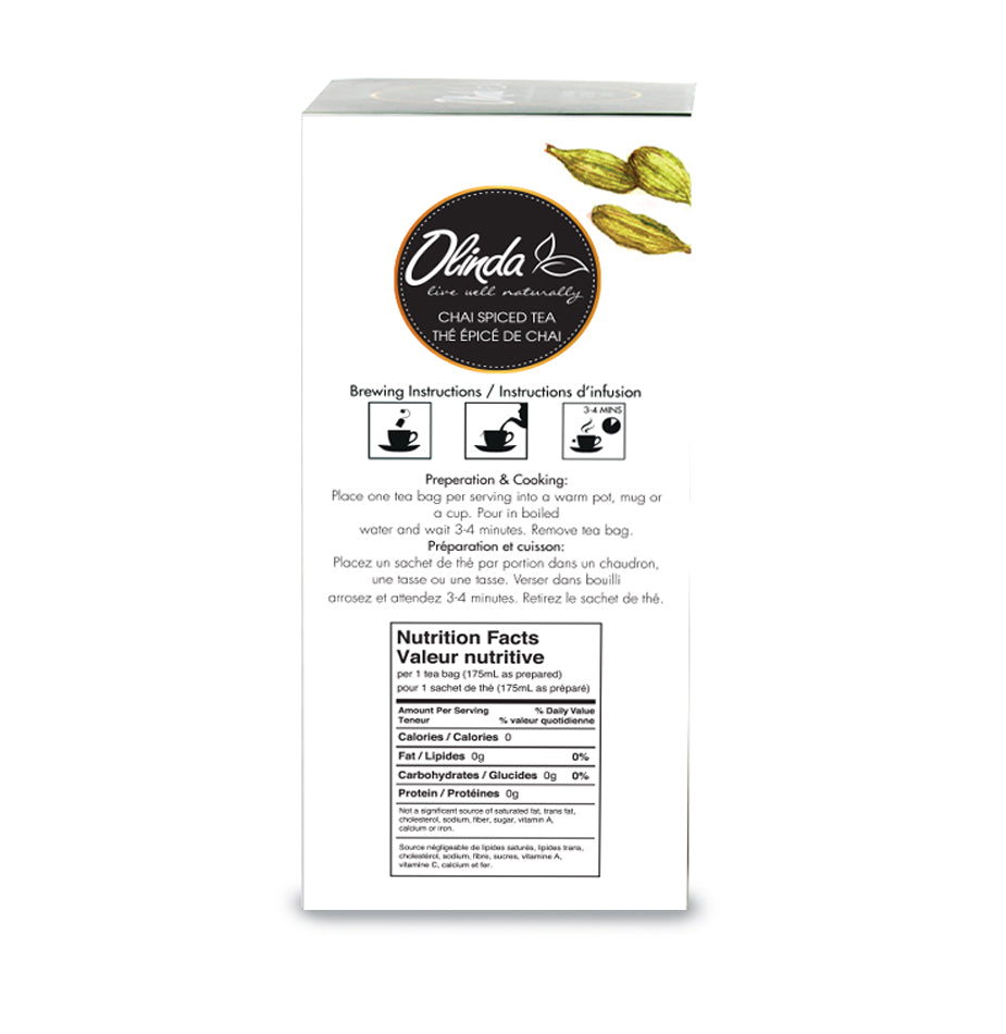 Olinda Chai Spiced Tea Pack with brewing instruction and nutrition fact