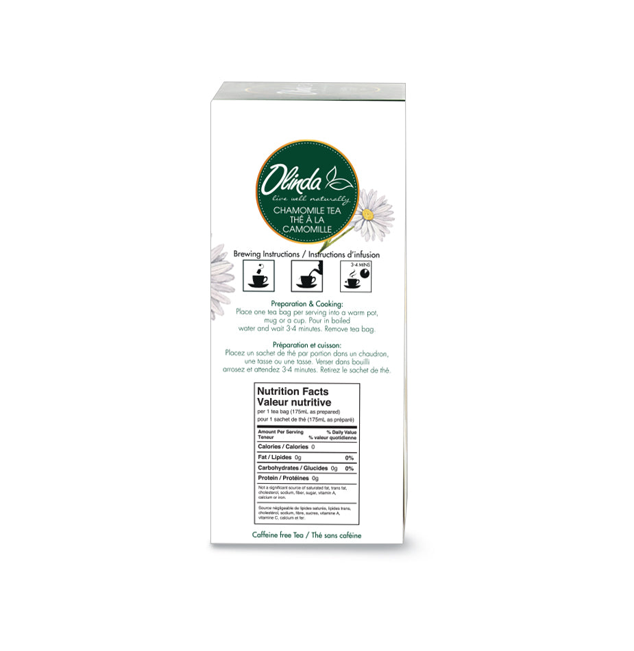 Olinda Chamomile Tea Pack with Brewing instruction and Nutrition fact label