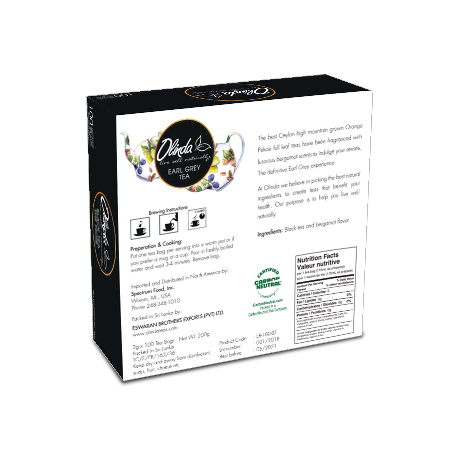 Olinda Earl Grey Tea with brewing instruction and manufacturing details
