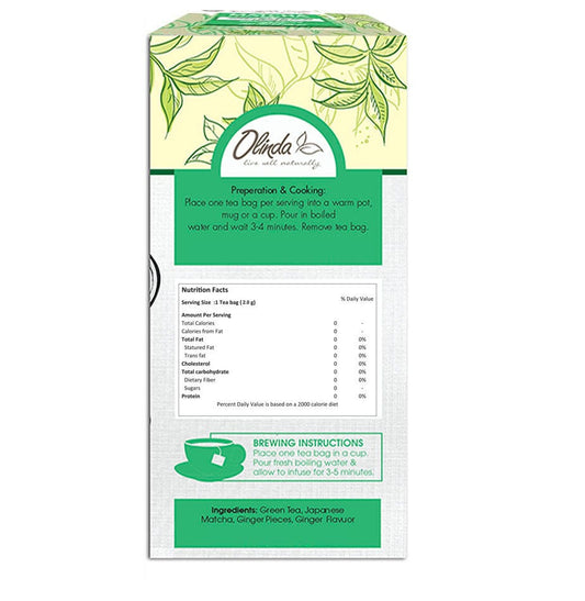 Matcha Green Tea Pack with brewing instruction and Nutrition fact labels