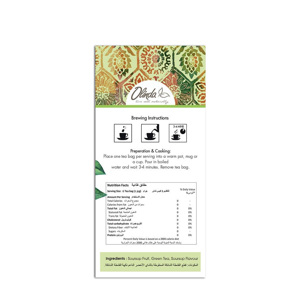 Olinda Soursop Tea Pack with Brewing instruction and Nutrition fact label