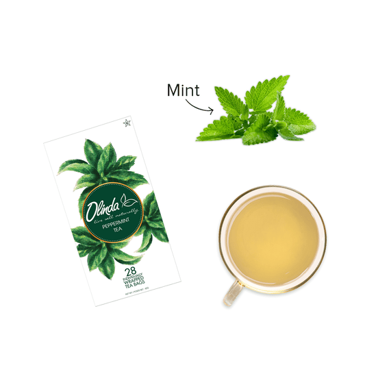 Olinda Peppermint Tea Pack with Peppermint ingredient and Tea cup