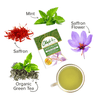 Olinda Saffron Green Tea Pack with ingredients and tea cup