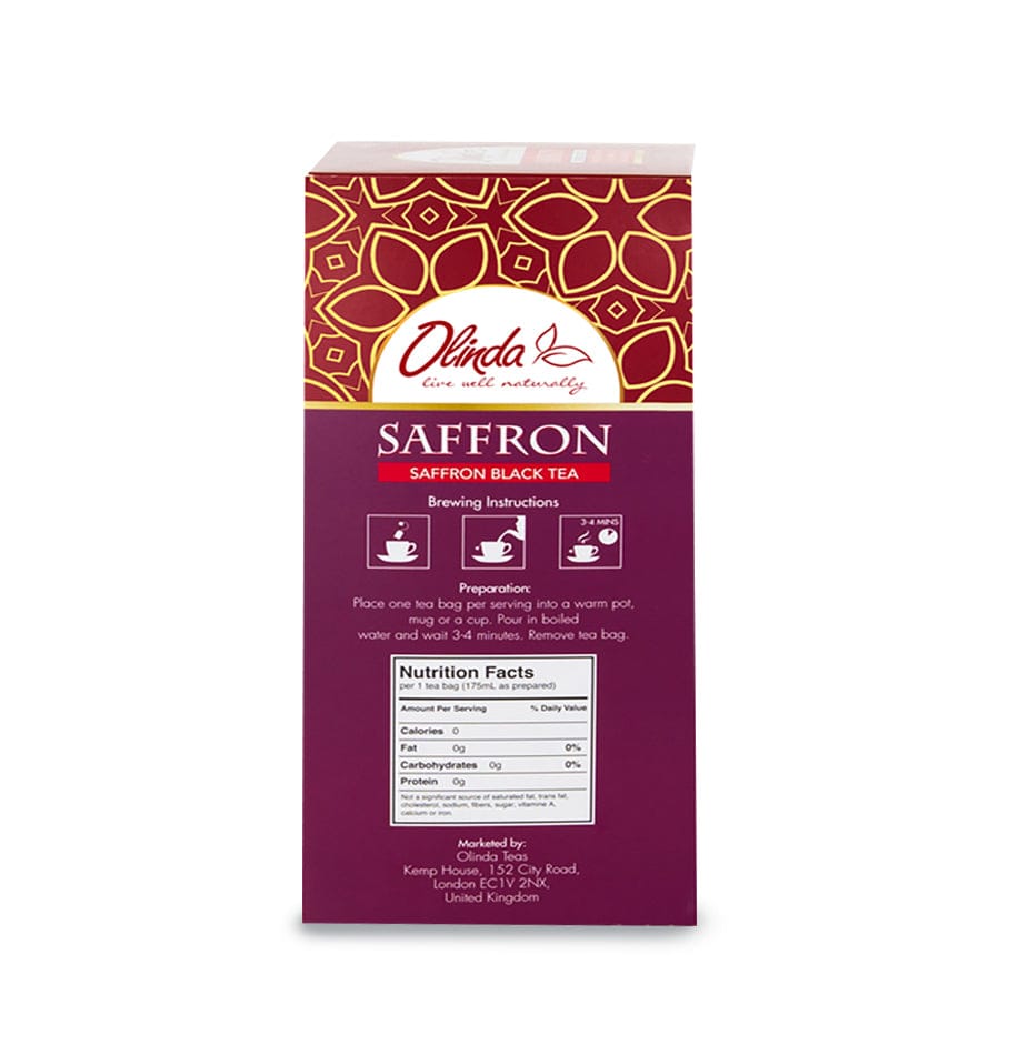 Saffron Black Tea Pack with Nutrition facts label and Brewing instructions