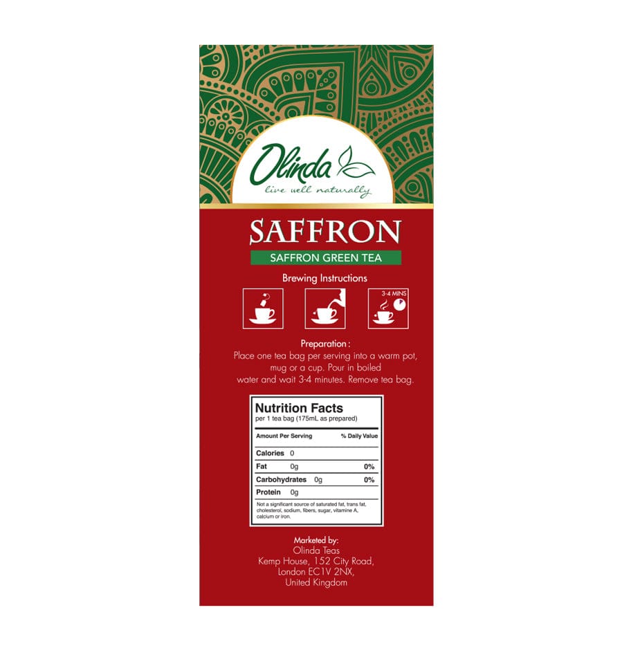 Saffron Green Tea with brewing instruction and nutrition facts label