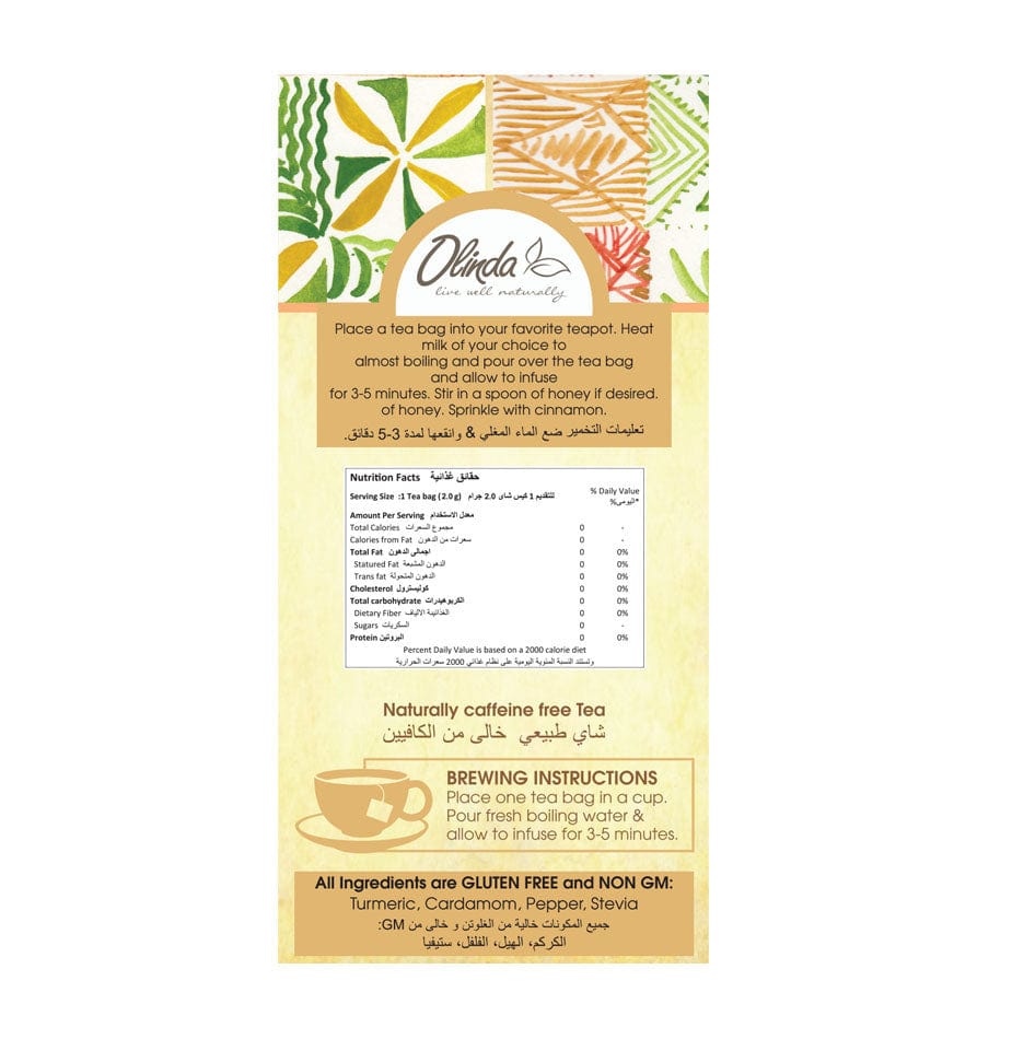 Olinda trumeric Tea Pack with brewing instructions and Nutrition facts
